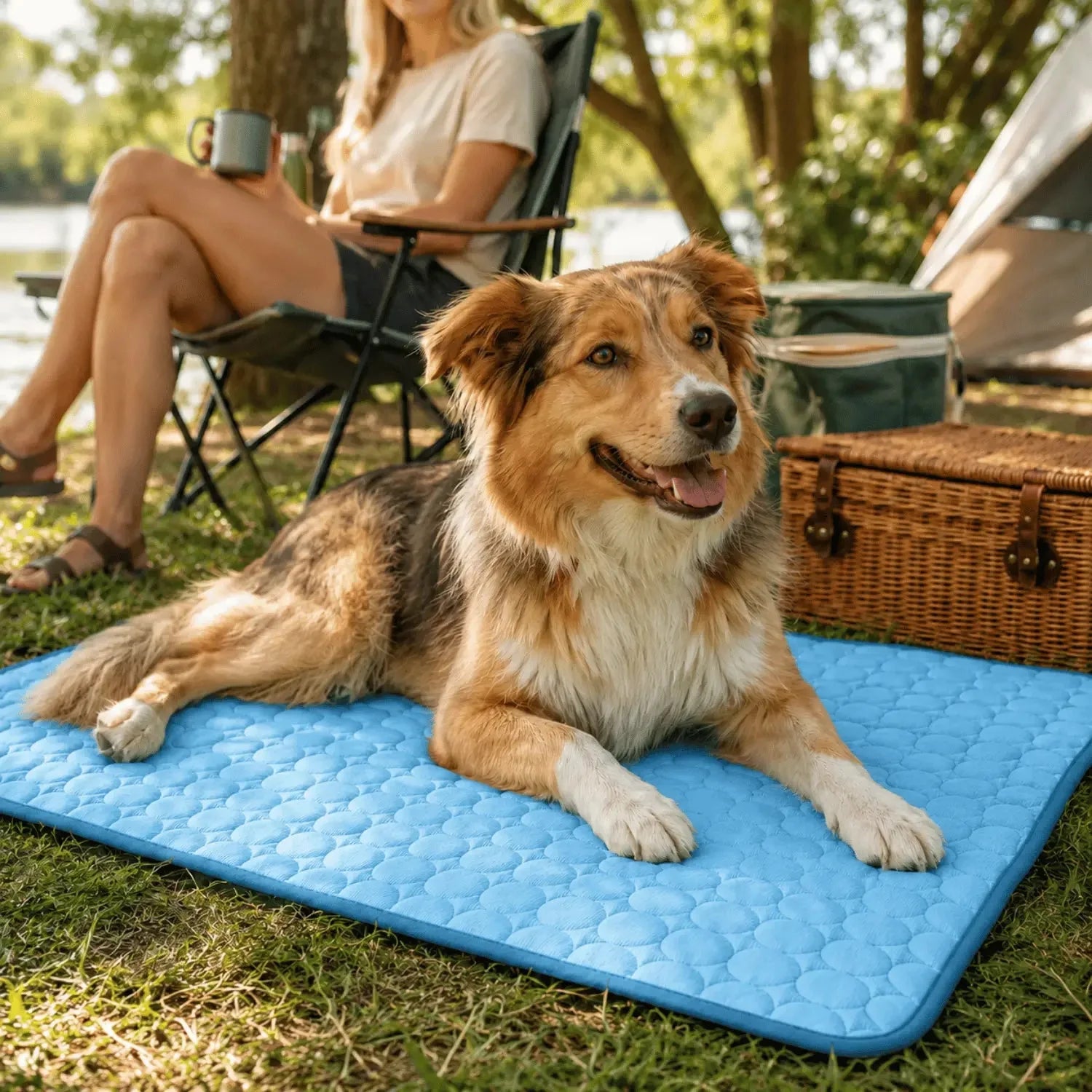 Dog resting on a cooling mat outdoors