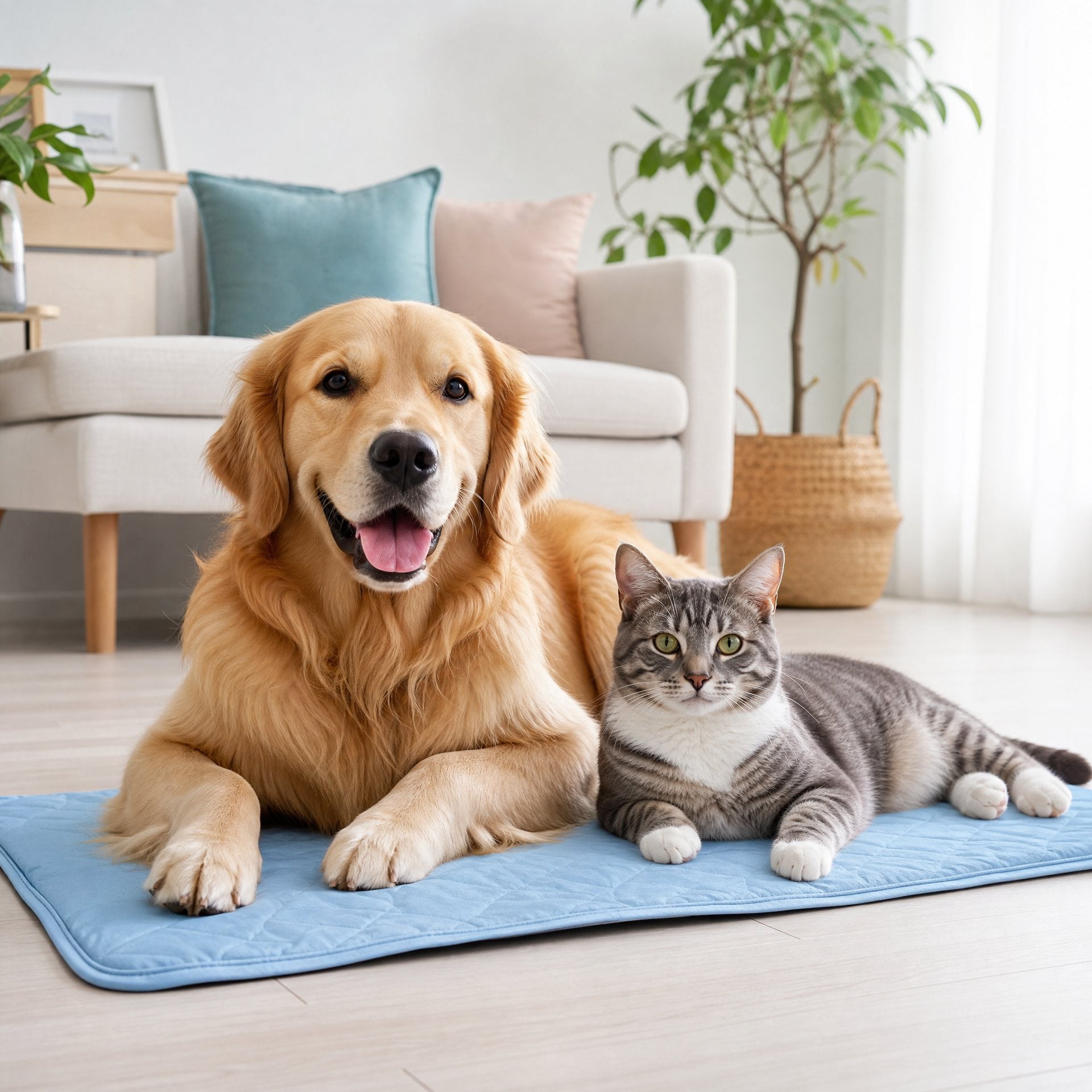 A dog and cat relaxing together on a CoolPaws cooling mat